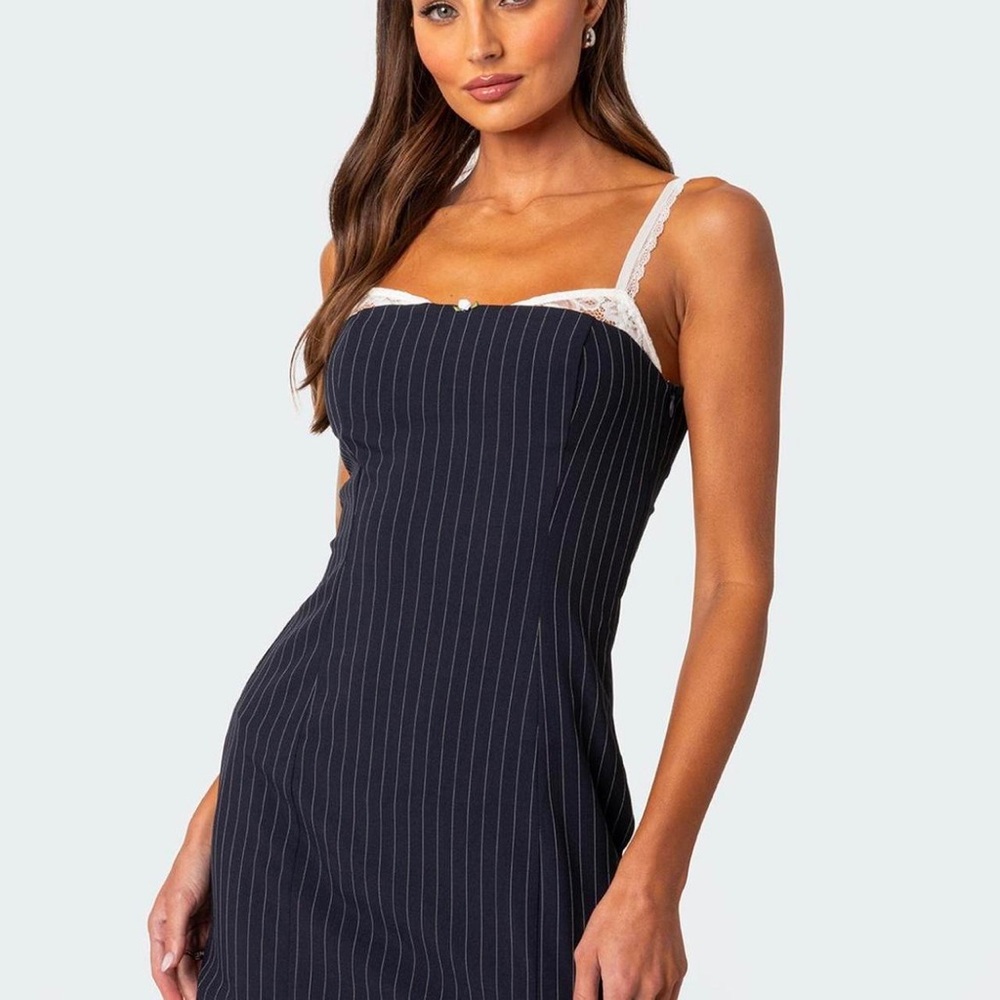 NWT Edikted Navy Pinstripe Bra Lace Detail Mini Dress - Medium